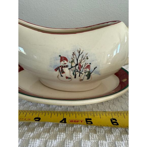 Royal Seasons Stoneware Snowman Scene Gravy/Sauce Boat & Drip Plate-Holidays EUC - Picture 3 of 7